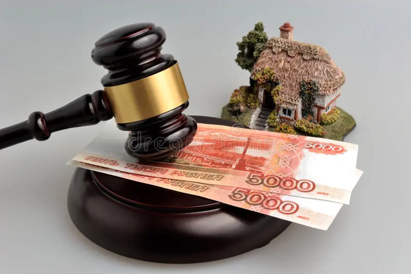 hammer judge money model house gray background 45932746